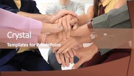  Presentation with coworkers - Theme with team engagement - young coworkers putting hands together background and a coral colored foreground