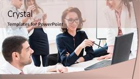  Presentation with business report - Beautiful slide deck featuring team giving business report to boss in office meeting backdrop and a coral colored foreground