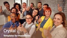  Presentation with team group - Cool new slides with team giving thumb up sign backdrop and a coral colored foreground