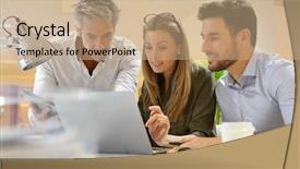  Presentation with ideas - Slide set with team going through business idea background and a coral colored foreground