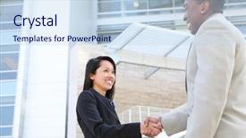  Presentation with team building - PPT theme with team handshake at office building background and a sky blue colored foreground