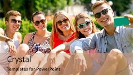  Presentation with people mobile technology - Cool new PPT theme with team having fun - friendship leisure summer technology backdrop and a coral colored foreground