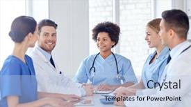  Presentation with team meeting - Colorful slide set enhanced with health team - group of happy doctors meeting backdrop and a light blue colored foreground
