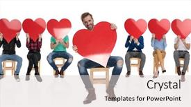  Presentation with casual young people - Presentation theme with team hearts - excited young casual man showing background and a lemonade colored foreground