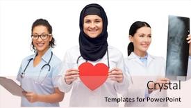  Presentation with charity - Audience pleasing PPT theme consisting of team hearts - medicine healthcare charity and people backdrop and a coral colored foreground