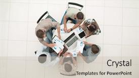  Presentation with team business top view - PPT theme enhanced with team holds a round table background and a soft green colored foreground