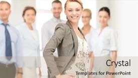  Presentation with woman leader - Beautiful PPT theme featuring team leader - bright picture of happy backdrop and a mint green colored foreground