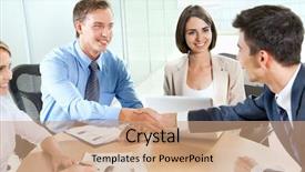  Presentation with business partner people joining hand - Cool new slide deck with team leader - business people shaking hands finishing backdrop and a coral colored foreground