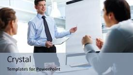  Presentation with partners - Amazing slide deck having team leader - confident businessman and his partners backdrop and a light blue colored foreground