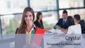  Presentation with young business people - PPT theme having team leader - happy young business woman background and a light blue colored foreground