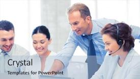  Presentation with call center - Audience pleasing PPT layouts consisting of team leader - picture of group of people backdrop and a light blue colored foreground