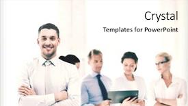  Presentation with what idea present by the picture - Colorful PPT theme enhanced with team leader - picture of smiling handsome businessman backdrop and a white colored foreground