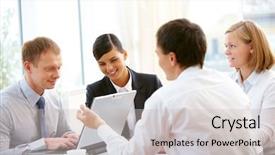  Presentation with working together - Slide deck consisting of team leader co - business people sitting background and a light gray colored foreground