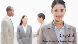  Presentation with workers compensation - Presentation design featuring team leader co - close-up of a businesswoman smiling background and a light gray colored foreground