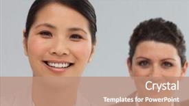  Presentation with business - Slide set having team leader co - smiling business co-workers standing background and a  colored foreground