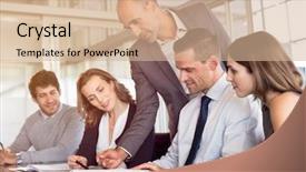  Presentation with new business ideas - PPT theme with team leader pointing at report background and a soft green colored foreground