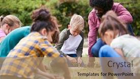  Presentation with team leader - Presentation theme consisting of team-leader-showing-group background and a coral colored foreground