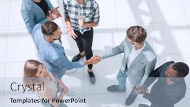  Presentation with interns - Presentation design featuring team leaders meet multiracial interns in office explaining new job background and a light blue colored foreground