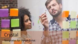  Presentation with sticky notes - Slide deck enhanced with team looking at sticky note background and a coral colored foreground