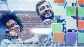  Presentation with sticky notes - Colorful slide deck enhanced with team looking at sticky notes backdrop and a light blue colored foreground