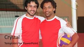  Presentation with volley - Cool new presentation with team mates stood with volley ball on indoor court backdrop and a red colored foreground