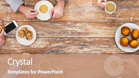  Presentation with team work - PPT theme having team meeting and drinking coffee background and a coral colored foreground