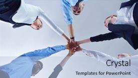  Presentation with group - PPT theme with team meeting fun - business people group joining hands background and a  colored foreground