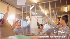  Presentation with fun meeting - Colorful presentation theme enhanced with team meeting fun - group of business people celebrating backdrop and a coral colored foreground