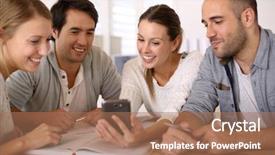  Presentation with fun meeting - PPT theme featuring team meeting fun - group of business people background and a  colored foreground