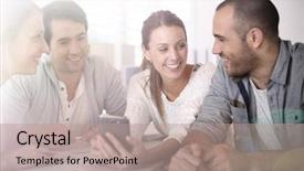  Presentation with fun meeting - Colorful presentation theme enhanced with team meeting fun - group of business people backdrop and a coral colored foreground