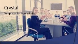  Presentation with start up business - Audience pleasing slide deck consisting of team meeting in modern start backdrop and a  colored foreground