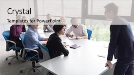  Presentation with team meeting - Presentation design consisting of team meeting in modern start background and a light gray colored foreground