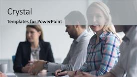  Presentation with start up business - Beautiful PPT theme featuring team meeting in modern start backdrop and a  colored foreground