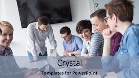  Presentation with team meeting - Audience pleasing slides consisting of team meeting in modern start backdrop and a light blue colored foreground