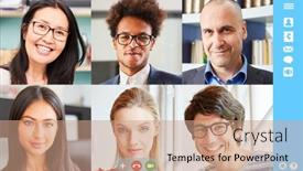  Presentation with team discussion - Cool new PPT layouts with team-meets-online backdrop and a coral colored foreground