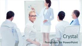  Presentation with members - Cool new theme with team members - picture of smiling businesswoman backdrop and a sky blue colored foreground