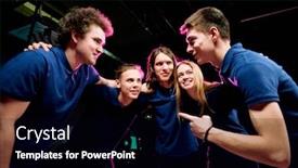  Presentation with members - Presentation theme having team-members-in-blue-tshirts background and a black colored foreground