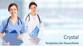  Presentation with group - Slide deck consisting of team nursing - doctor woman group background and a  colored foreground