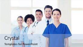 Presentation with medicine - Audience pleasing PPT theme consisting of team nursing - hospital profession people and medicine backdrop and a  colored foreground