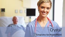  Presentation with nurse - Slide set featuring team nursing - portrait of female nurse background and a light blue colored foreground