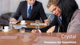  Presentation with business calculator - PPT layouts featuring team of 3 business people working on some calculations calculator and some documents on table background and a coral colored foreground