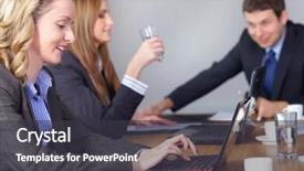  Presentation with conference table - Beautiful slide deck featuring team of 3 business people during meeting sitting at big conference table one female works on her laptop backdrop and a dark gray colored foreground