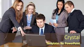  Presentation with conference table - Theme with team of 4 business people working on some calculations calculator and documents on the conference table background and a tawny brown colored foreground
