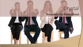  Presentation with job interview - PPT theme consisting of team-of-4-cheerful-businessmen background and a coral colored foreground