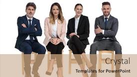  Presentation with team - Cool new slides with team-of-4-positive-businessmen backdrop and a coral colored foreground