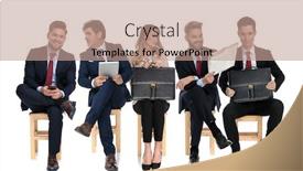  Presentation with job interview - Amazing slide set having team-of-5-businessmen-holding backdrop and a coral colored foreground