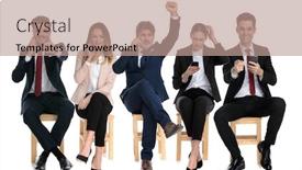  Presentation with job interview - PPT theme with team-of-5-businessmen-talking background and a coral colored foreground