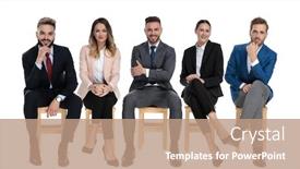  Presentation with job interview - PPT theme with team-of-5-happy-businessmen background and a coral colored foreground