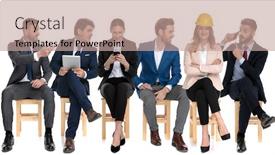  Presentation with job interview - Colorful PPT theme enhanced with team-of-6-businessmen-talking backdrop and a coral colored foreground