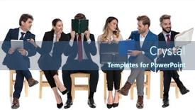  Presentation with job interview - PPT theme having team-of-6-businessmen-waiting background and a ocean colored foreground